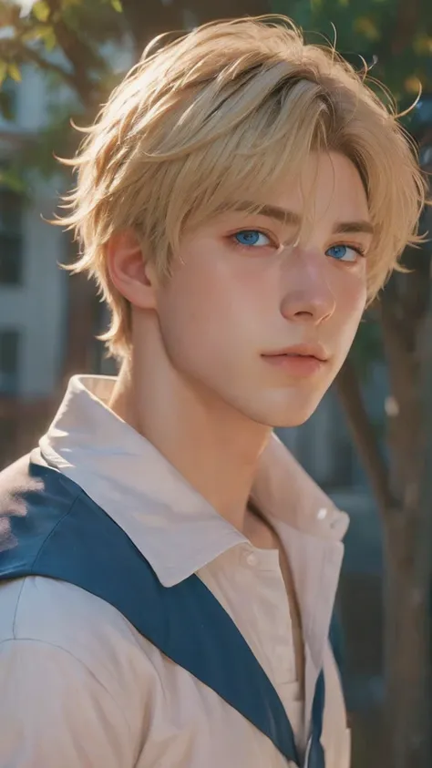 man ,blond, blue colored eyes, white undershirt