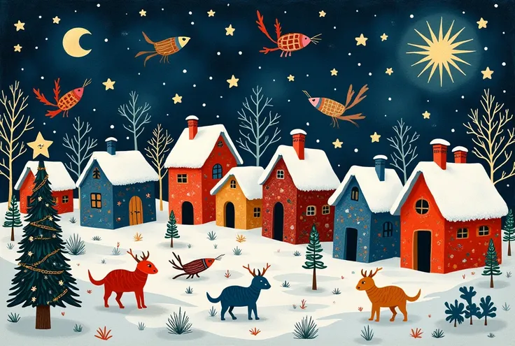 Create a winter scene of a Ukrainian village in the style of Maria Prymachenko. Show snow-covered houses, fantastical creatures roaming the village, and a night sky filled with glowing stars or magical beasts. Add traditional Christmas symbols like kolyadn...