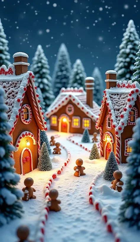 A picturesque winter wonderland scene featuring a charming village made entirely of gingerbread houses. The houses are intricately decorated with icing, candy canes, gumdrops, and glowing windows emitting a warm, golden light. Snow blankets the roofs, tree...