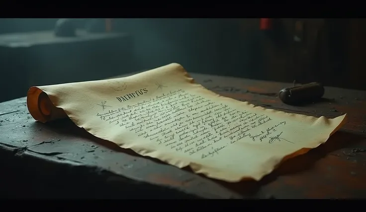  An old letter unfolded on a table ,  with a peculiar calligraphy that seems to move slightly on the page. At the top of the card ,  the words Dont read this stand out ,  written in ink that seems to fade . The letter has a dusty air ,  as if it had been k...