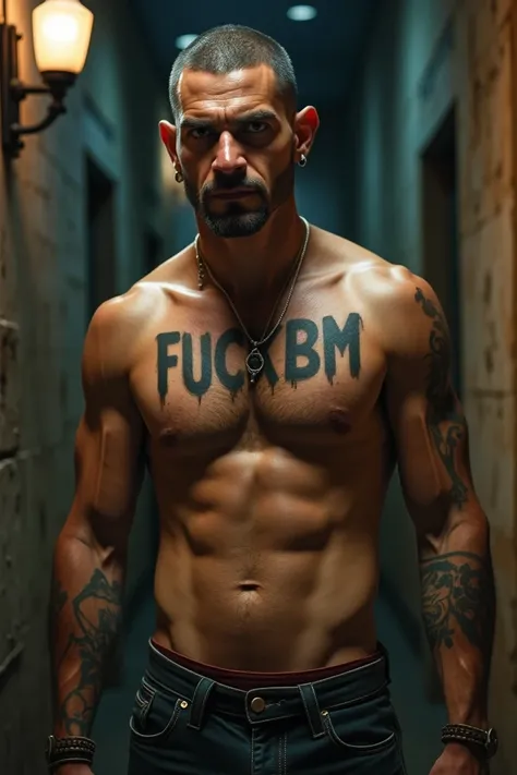 Tinny small little gangster showing his nipples having a tattoo written FUCKBM