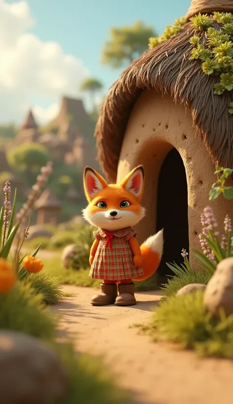 Raka, a clever orange fox dressed in a simple cotton dress and boots, steps out of her cozy mud hut at the edge of the village. 3d animation hd quilty 