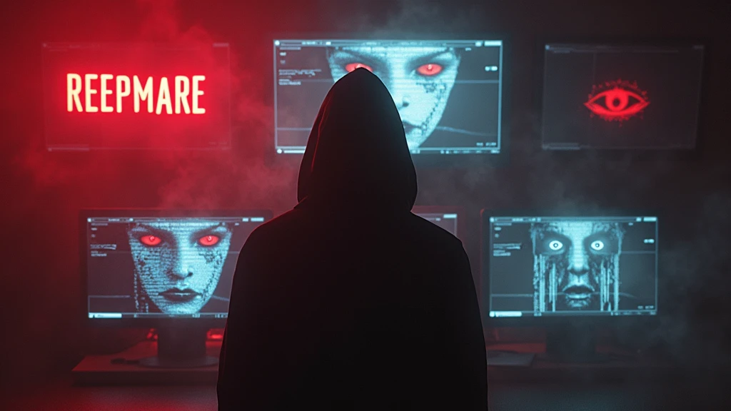 Title text (in Spanish): " 10 Horrors of the Deep Web that Will Expose Your Fear "

Description (in English): Where the nightmare is just the beginning.

Visual style (in English): A hooded figure standing in the shadows, facing multiple glowing screens di...