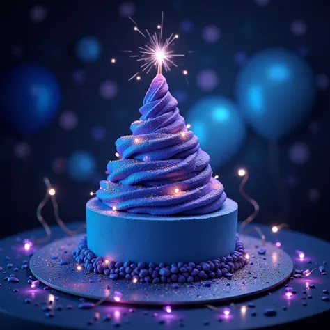 Spectacular birthday candy with lots of shine and blue, purple, light blue, black colors, a candy that looks somewhat space-like, the candy should be in the foreground, the background should be dark with a space-like starry sky, all realistic, lights, ball...