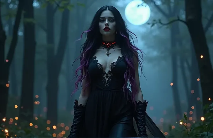 full body photo, Ultra-high-definition, cinematic visuals with vibrant, crystal-clear detail. A gothic, magical masterpiece realistic photo, Callizto, a gothic metal singer with long black hair and purple highlights, A gothic vampire lady in a dark, She we...