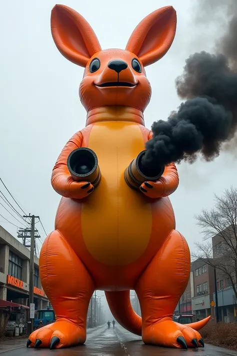 A Gigantic inflatable kangaroo with exhaust pipes emitting Black diesel smoke 