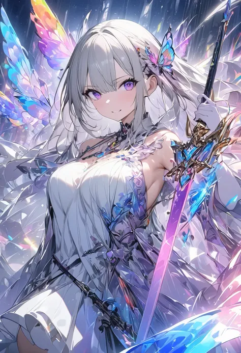 (masterpiece, best quality :1.2,UHD,High Resolution), colorful , 1 girl, Gray Hair, purple eyes, dual weeding that destroys reality , sword, has a sword, Blue Flame, Shine, Shine武器, holding a weapon , light particles , wallpaper, Chromatic Avalation...