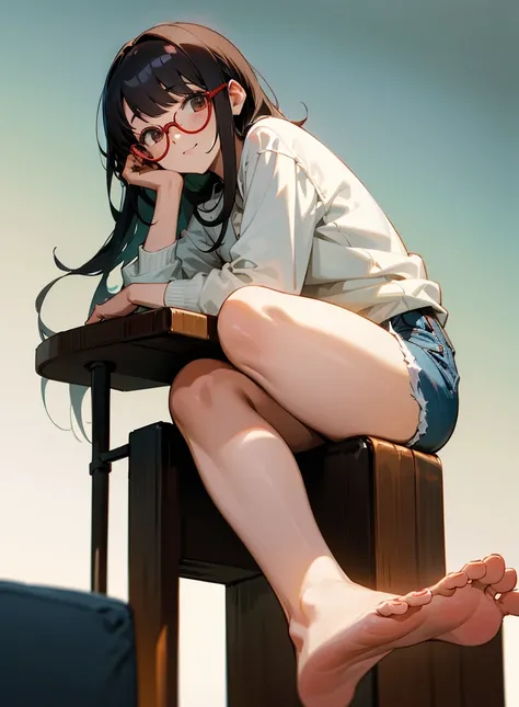 wallpaper, modern style ， A little sister sits on a chair，Casual casual wear，  best quality ,  Very detailed的, masterpiece,  Very detailed, illustration, Sky,foot focus ,  soles close together , giggle,  bangs，齐 bangs, long hair， dark haired， barefoot， you...