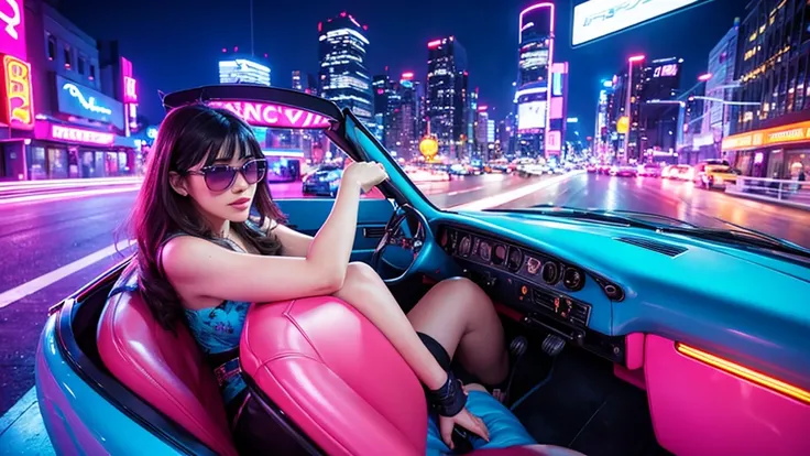 "A neon-lit cityscape with a retro 80s synthwave vibe. High-rise buildings and bustling streets represent the energy of the urban environment. A confident woman sits in the drivers seat of a vintage car, with the window down, feeling the rush of the neon l...