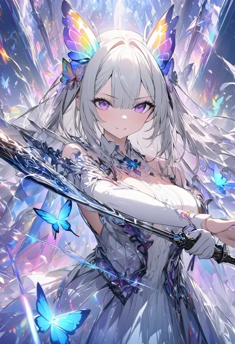 (masterpiece, best quality :1.2,UHD,High Resolution), colorful , 1 girl, Gray Hair, purple eyes, dual weeding that destroys reality , sword, has a sword, Blue Flame, Shine, Shine武器, holding a weapon , light particles , wallpaper, Chromatic Avalation...