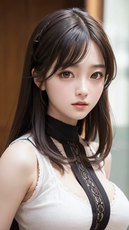   Highly Detailed CG Unity 8k Wallpaper ,  best quality,  super detailed, masterpiece, Realistic, photorealistic,  cute girl with great attention to detail, (Age 25), ,  Round Eyes,  Big Breasts , , Half Body Shot,