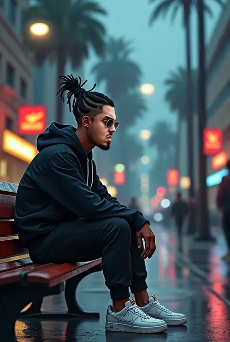 Tip: A Mexican American 5 foot 6 medium skinny build man with 8 Travis Scott style box braids skin fade hairstyle and goatee sitting down from the bench feeling sad while watching people pass by in San Diego, California.. with rain, The illustration is a h...