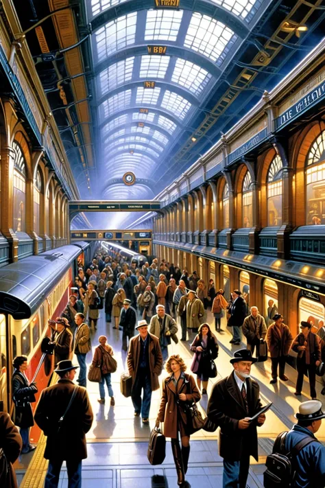 Busy Train Station. by Drew Struzan.
best quality, masterpiece, intricate details, ultra-detailed