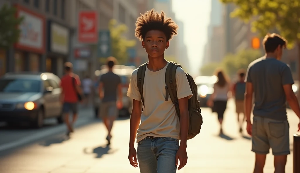 A realistic scene of a 17-year-old black boy with frizzy hair walking confidently through a busy city street in the afternoon. He is wearing casual clothes - jeans and a simple t-shirt, and a worn sneaker - with a backpack slung over his left shoulder. The...