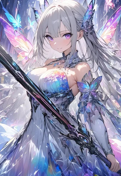 (masterpiece, best quality :1.2,UHD,High Resolution), colorful , 1 girl, Gray Hair, purple eyes, dual weeding that destroys reality , sword, has a sword, Blue Flame, Shine, Shine武器, holding a weapon , light particles , wallpaper, Chromatic Avalation...