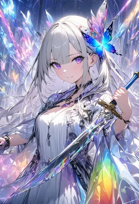 (masterpiece, best quality :1.2,UHD,High Resolution), colorful , 1 girl, Gray Hair, purple eyes, dual weeding that destroys reality , sword, has a sword, Blue Flame, Shine, Shine武器, holding a weapon , light particles , wallpaper, Chromatic Avalation...