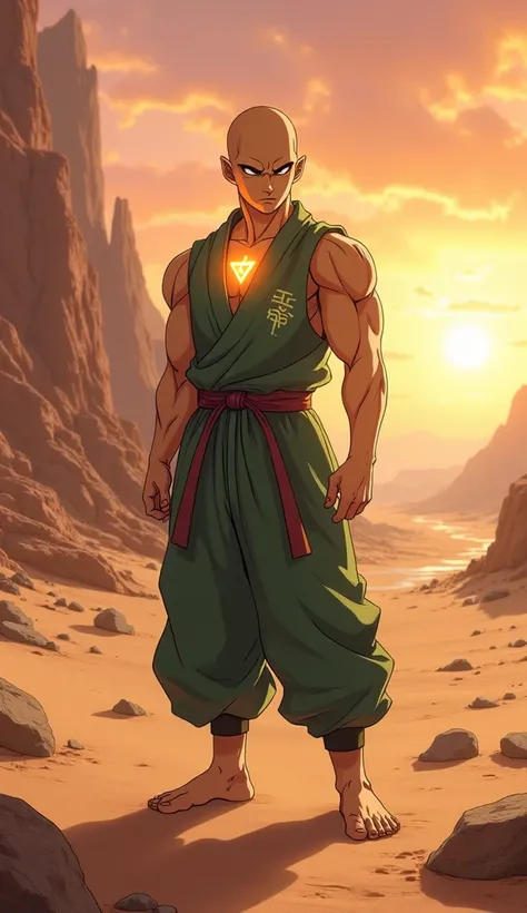 A striking depiction of Tenshinhan, a character from Dragon Ball, standing amidst a tranquil desert landscape at dawn, his presence exuding discipline and strength. The soft orange and pink hues of the rising sun cast a warm glow across the barren sands an...