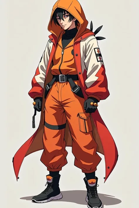  Create an anime clothing design,original, models .orange colors, red and white details , the fighting style clothing , combat and some secrets .Make 4 undetailed 