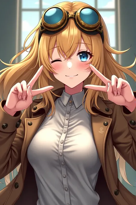 Create a drawing of a beautiful girl with blonde hair, blue eyes, shes wearing steampunk googles on her head, shes also wearing a brown dust coat with a tight buttoned shirt inside of the dust coat showing her breasts, shes posing making a v sign with a sm...