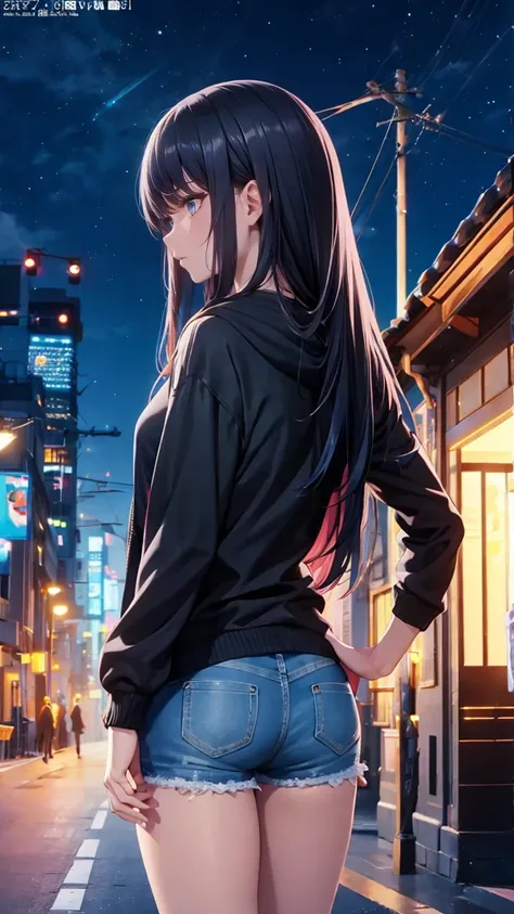 Beauty、Long black hair、 night view、都会のBeautyファンアート ,  wearing a hoodie、 denim shorts 、 anime style , 美しい   digital art  ワーク, Style Ross Tran  ,   digital art  . @mariomaniacdude,   Realistic Anime 3D Style  ,   Vibrant Ross Draw Cartoons  ,   anime atmosph...