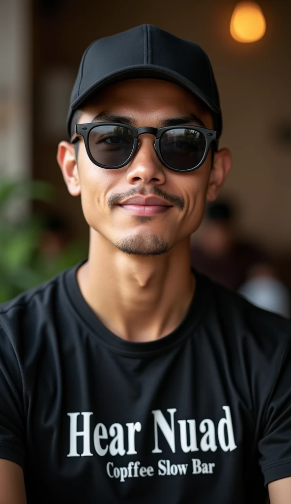 Young Thai, Handsome like a prince , virtual smooth skin ,Has a thin mustache, wearing a black cap ,Busy eyebrows, wearing a black T-shirt , on the shirt is written Hear Nuad ,Cha-indo , Coffee Slow Bar, Sunglasses ., excellent quality , Realistic , master...