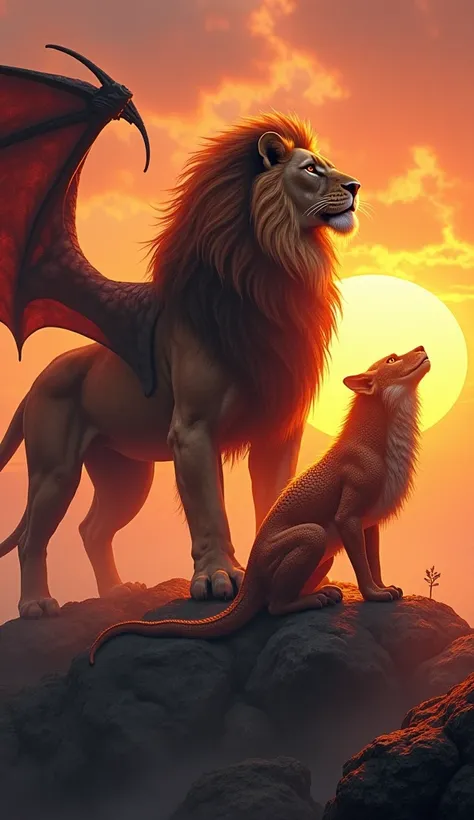 Create an image featuring a dragon and a lion as separate creatures, but placed together in one scene. The lion has a muscular body and a majestic mane, standing proudly on rocky terrain, while the dragon is positioned nearby, with large wings, scales alon...