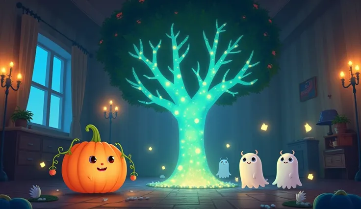 Aninated image: A magical room with a glowing tree at its center. Tiny, friendly ghosts float around the tree. Poppy a glowing round pumpkin with a tiny vine arms and her friends look in awe, their faces glowing with happiness.