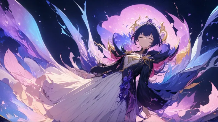 woman, Floating, Sleep, night, masterpiece, best quality, Extremely Aesthetic, super high resolution, Dream Eater,