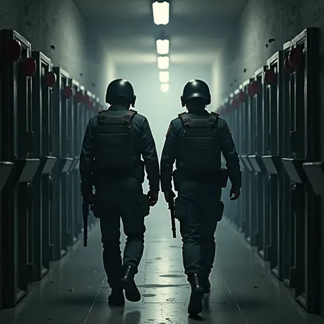 I want the image of two security guards walking in a cell corridor in a prison. When they are walking they protect themselves from an explosion at the top.
