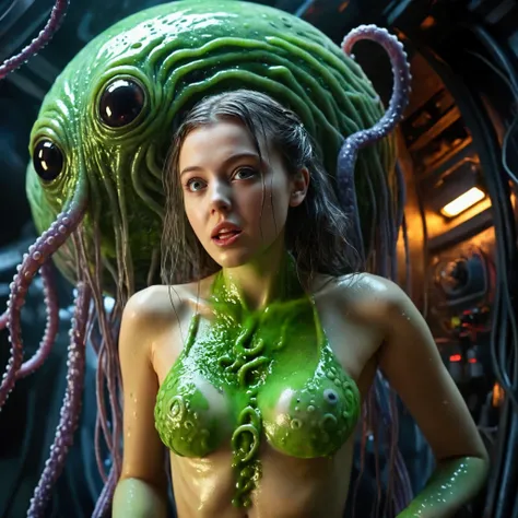 A beautiful young woman (1girl, age 20, cute, nude, mesmerized expression, slime bikini) is led into a slimy tentacle chamber on an alien spacecraft, where an alien doctor with many tentacles examines and probes her, (best quality,4k,8k,highres,masterpiece...