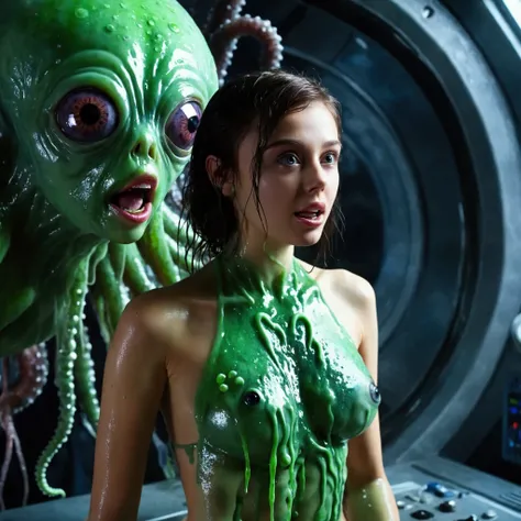 A beautiful young woman (1girl, age 20, cute, nude, mesmerized expression, slime bikini) is led into a slimy tentacle chamber on an alien spacecraft, where an alien doctor with many tentacles examines and probes her, (best quality,4k,8k,highres,masterpiece...