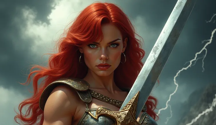 Close-up of Red Sonja as thunderclouds loom in the background. Her determined gaze burns as she grips her sword, her armor shining in the stormy light. 1950s Red Sonja 50s cinema in colour super Panavision.