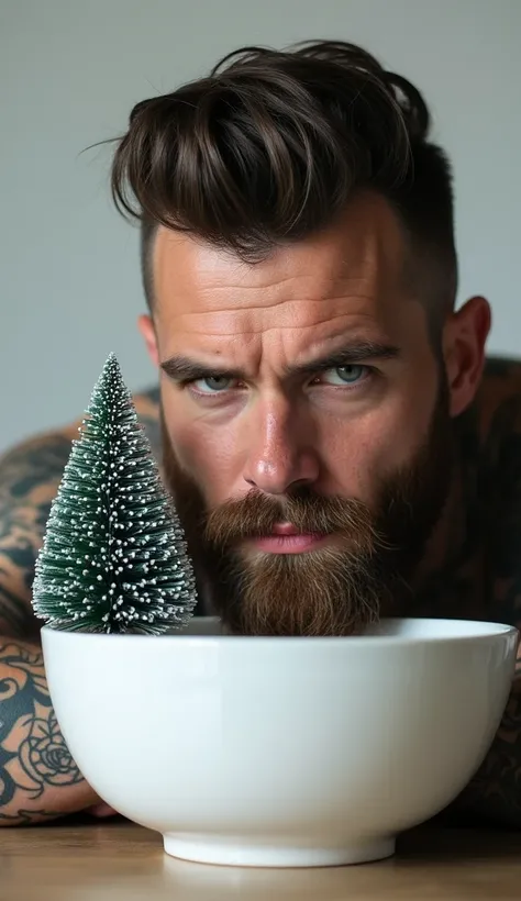 rockers headon a white porcelain dish, beard, tattoos, a small Christmas tree next to it, artwork, very beautiful, detailed, professional photography