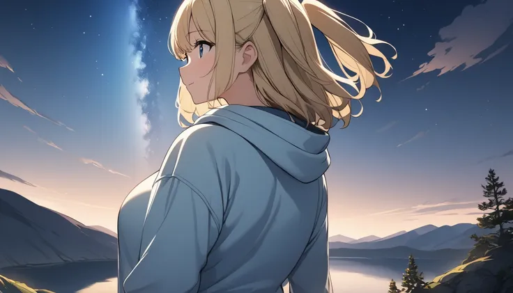  1 girl、Blonde、 two side up、 hair that flutters like、 Big Breasts 、 light blue hoodie looking out at the starry sky、 back view、 standing、Full body portrait、night、Overlooking the lake from the top of the mountain