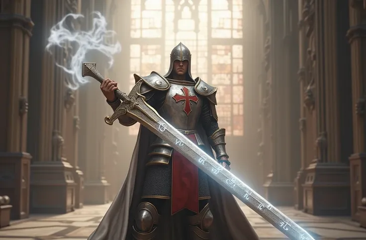 templar knight, greatsword with holy glowing runes, catedral, anatomically correct, retina, UHD, masterpiece, accurate, 4K