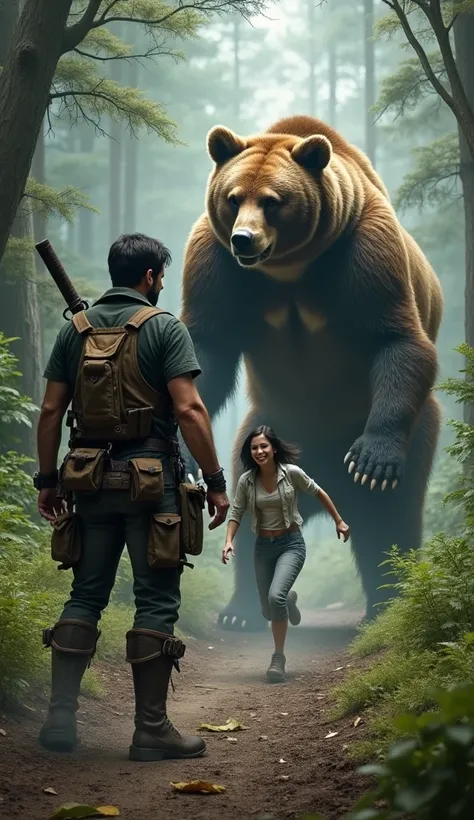  Man in travelers costume , confronting a bear ,  in the forest background with a woman escaping, super realistic characters  