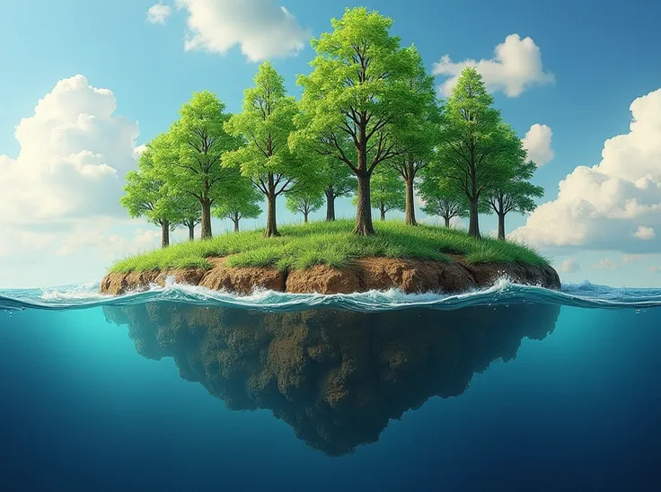 
Third Day: "An image showing the formation of the Earth ,  with lush green plants and towering trees emerging from the earth.  The background includes ocean waves meeting the new Earth ."