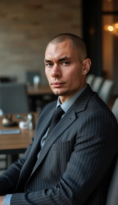  photo taken half-sideways ,  portrait lens A man with a short shaved head in a stylish dark gray vertical striped suit,  sitting in a chair ,   very expensive stylish modern interior in a minimalist modern home,  shot with Canon Mark 2 with f1 .4 with bac...