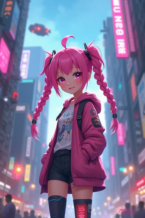 Cute little anime girl with pink hair and cyberpunk outfits 