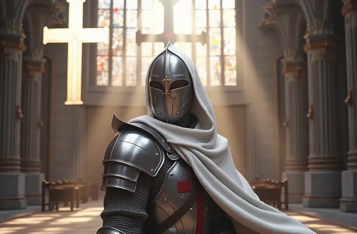 templar knight, with closed helmet, catedral, anatomically correct, retina, UHD, masterpiece, accurate, 4K