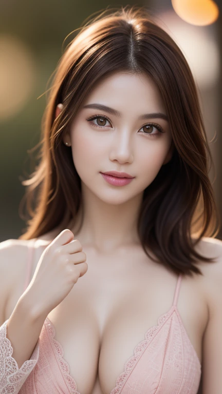 1 girl, ( Gestures:1.4), ( super fine ), ( has a detail of lighting), (, beautiful face in detail),  amazing faces and eyes,  brown hair ,  brown eyes,  Beautiful lace details , Beautiful breasts, tits, High Detail Integrated CG 8K Wallpaper,  high-resolut...