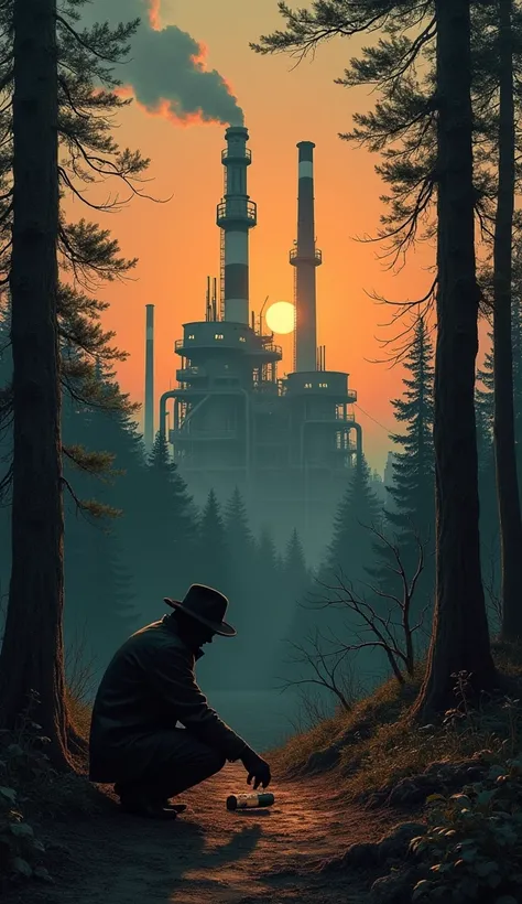 A 1950s oil refinery at sunset, with smoke stacks rising into the sky. In the foreground, a shadowy figure buries something in a wooded area