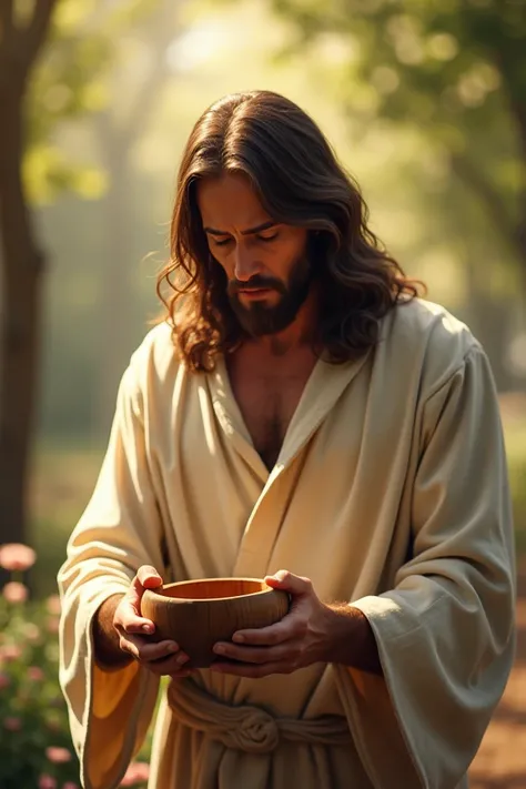 A realistic image of Jesus Christ, with long brown hair, a short beard, and a sorrowful, deeply emotional expression conveying sadness and humility. He is dressed in a simple, light-colored robe, holding an empty wooden bowl with both hands in a pleading g...