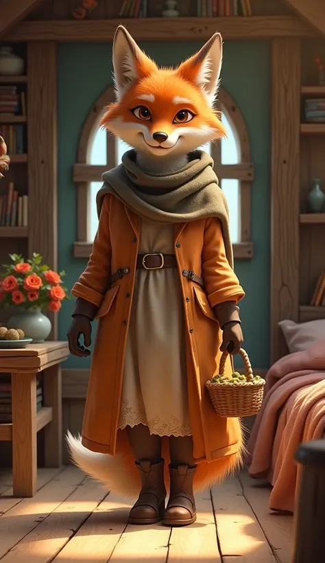 large, majestic fox named Raka steps out of her mud hut. She is the size of a human, walking upright. She wears a long, simple dress, a scarf, and boots, holding a basket in her hand. Her amber eyes are calm and kind.
Scene 3 (Inside Raka’s Home): The inte...