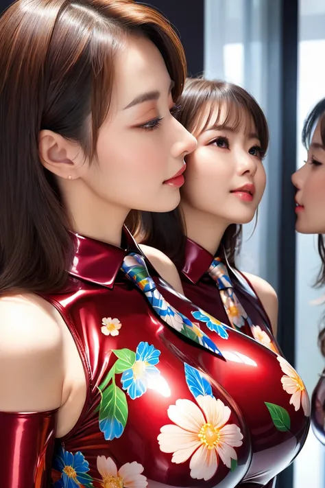 Japanese mother and daughter buttoned in extremely tight shiny latex blouse with floral pattern, Necktie, high resolution ,  masterpiece, Breasts, smile, Lens reflection, Reflected light, kiss