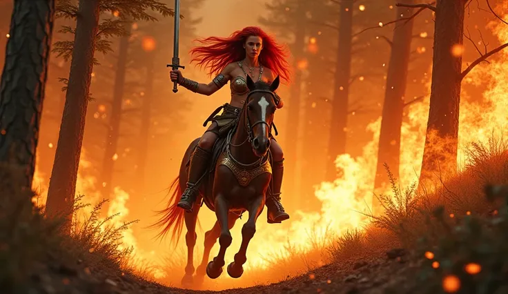 Red Sonja rides a galloping horse through a forest aflame, her sword raised. 1950s Red Sonja 50s cinema in colour super Panavision.