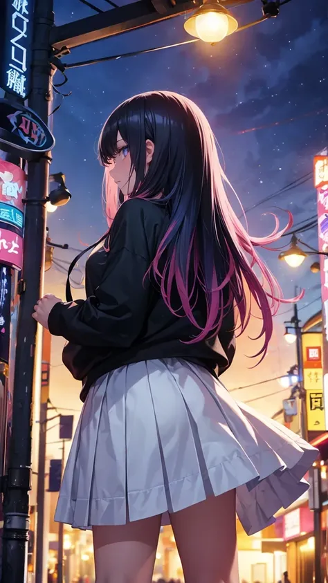 Beauty、 long hair、Pink and black hair、 night view、Japan、都会のBeautyファンアート ,  wearing a black hoodie 、 white long skirt、 anime style , 美しい   digital art  ワーク, Style Ross Tran  ,   digital art  . @mariomaniacdude,   Realistic Anime 3D Style  ,   Vibrant Ross D...