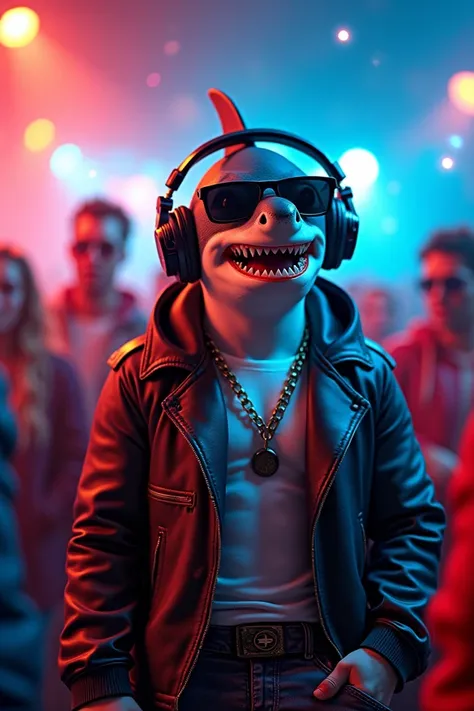  high quality ,  8k Ultra HD , a shark with a human body ,   dressed in vibrant urban style clothing ,  including sunglasses and headphones .  The shark must be surrounded by a lively party scene ,  with musical notes and a fun atmosphere that captures the...