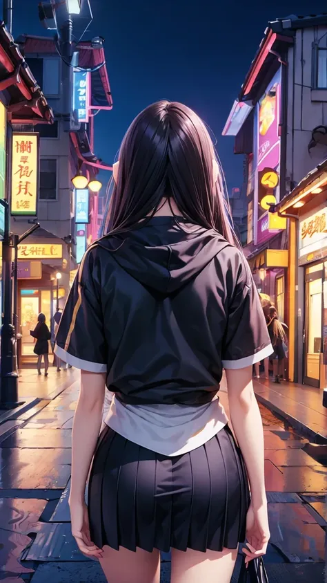 Beauty、 long hair、Pink and black hair、 night view、Japan、都会のBeautyファンアート ,  wearing a black hoodie 、 white long skirt、 anime style , 美しい   digital art  ワーク, Style Ross Tran  ,   digital art  . @mariomaniacdude,   Realistic Anime 3D Style  ,   Vibrant Ross D...