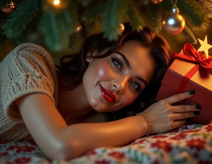 Sexy chubby mature woman look like a christmas present. She is lying under the christmas tree. Glowing detailed blue eyes. Smiling. Red lips.